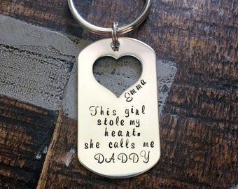 This Girl Stole My Heart Keychain Daddy Keychain Handstamped Keychain Gift for New Dad Dad Keychain Fathers Day Gift Heart Cutout Keychain