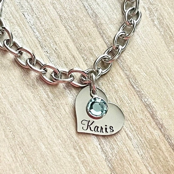 Girls Charm Bracelet Handstamped Bracelet Heart Bracelet Personalized Bracelet Charm Bracelet Bracelet for Girl Birthstone Jewelry Birthday