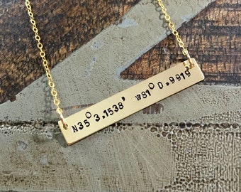 Gold Bar Necklace Coordinates Jewelry Gold Necklace Handstamped Jewelry Handstamped Necklace Name Necklace Hammered Necklace