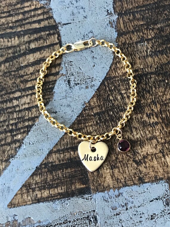 Gold Girls Charm Bracelet Handstamped Bracelet Heart Bracelet Personalized Bracelet Charm Bracelet Bracelet for Girl Birthstone Jewelry Il_570xn