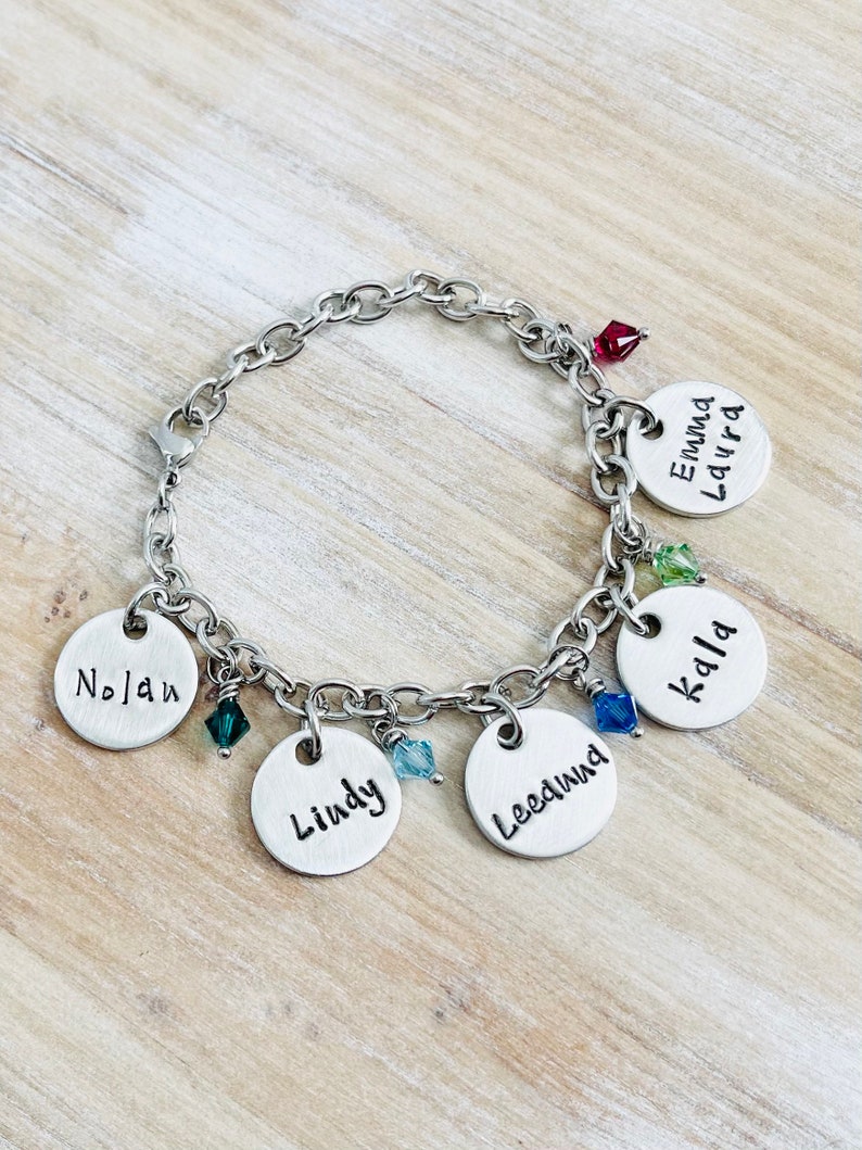 Personalized Charm Bracelet Grandma Bracelet Grandchild Bracelet Handstamped Jewelry Birthstone Jewelry Mom Charm Bracelet Grandma Gift