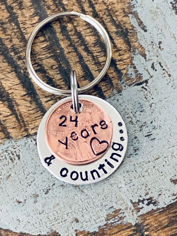 Anniversary Penny Keychain Anniversary Keychain 24 years and counting Penny Keychain Anniversary Lucky Keychain Date Keychain Il_570xn