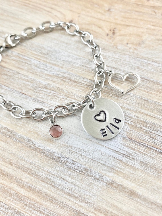 Girls Charm Bracelet Handstamped Bracelet Heart Bracelet Personalized Bracelet Charm Bracelet Bracelet for Girl Birthstone Jewelry Birthday Il_570xn
