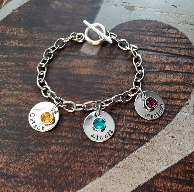 Personalized Charm Bracelet Grandma Bracelet Grandchild Bracelet Handstamped Jewelry Mom Charm Bracelet Grandma Gift Mothers Day Gift image 1