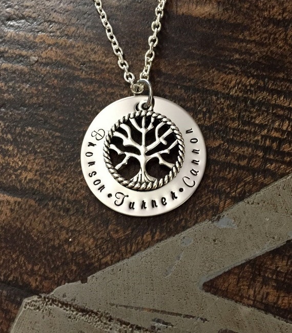 Tree of Life Necklace Mom Necklace Grandma Necklace Handstamped Jewelry Mothers Day Gift Gift for New Mom Personalized Necklace Washer Il_570xn