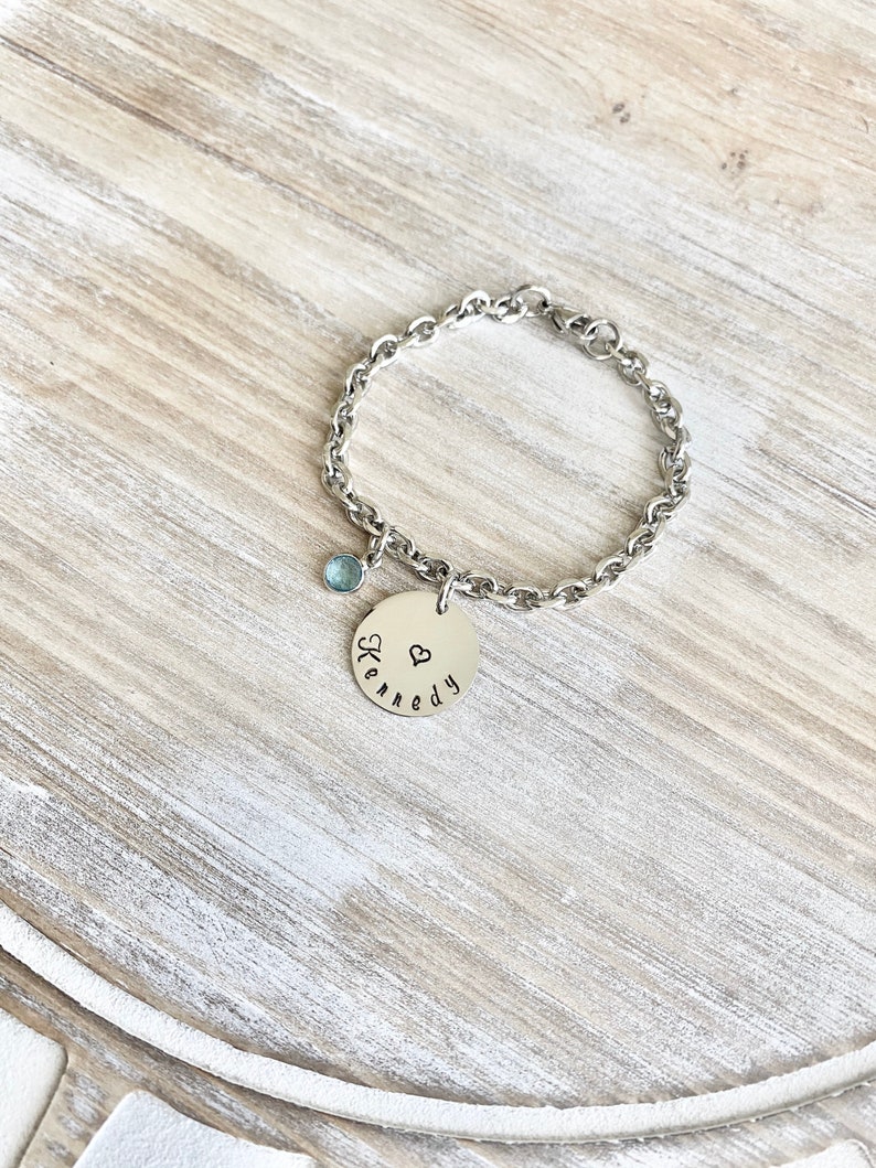 Girls Charm Bracelet Handstamped Bracelet Heart Bracelet Personalized Bracelet Charm Bracelet Bracelet for Girl Birthstone Jewelry Birthday image 4