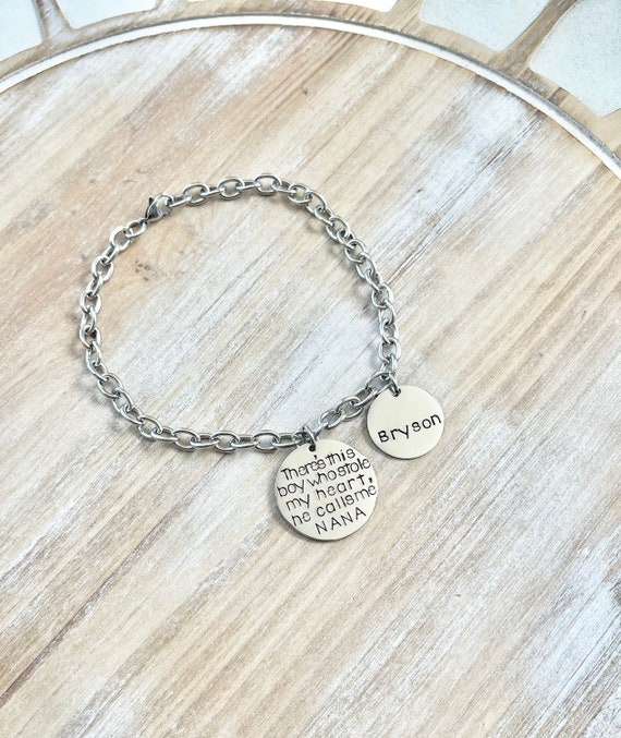 Nana Bracelet Theres this boy who stole my heart Handstamped Bracelet Personalize Jewelry Mothers Day Gift Grandma Jewelry Custom Bracelet Il_570xn