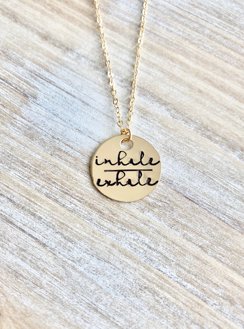 Gold Handstamped Necklace Gold Mom Necklace inhale exhale Necklace Gift for Mom Gold filled Jewelry Gold Name Jewelry 14K Gold image 1