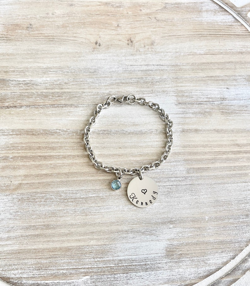 Girls Charm Bracelet Handstamped Bracelet Heart Bracelet Personalized Bracelet Charm Bracelet Bracelet for Girl Birthstone Jewelry Birthday image 2