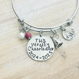 Cheerleader Bangle Varsity Cheerleader Handstamped Cheerleading Bracelet Gift for Cheerleader Megaphone Bangle Custom Bracelet Cheer Gift