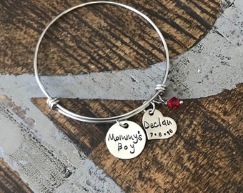 Mommys Boy Bangle Hand Stamped Bracelet Grandmother Gift Mother's Day Jewelry Gift for Mom Personalized Jewelry Custom Bangle New Mom Bangle