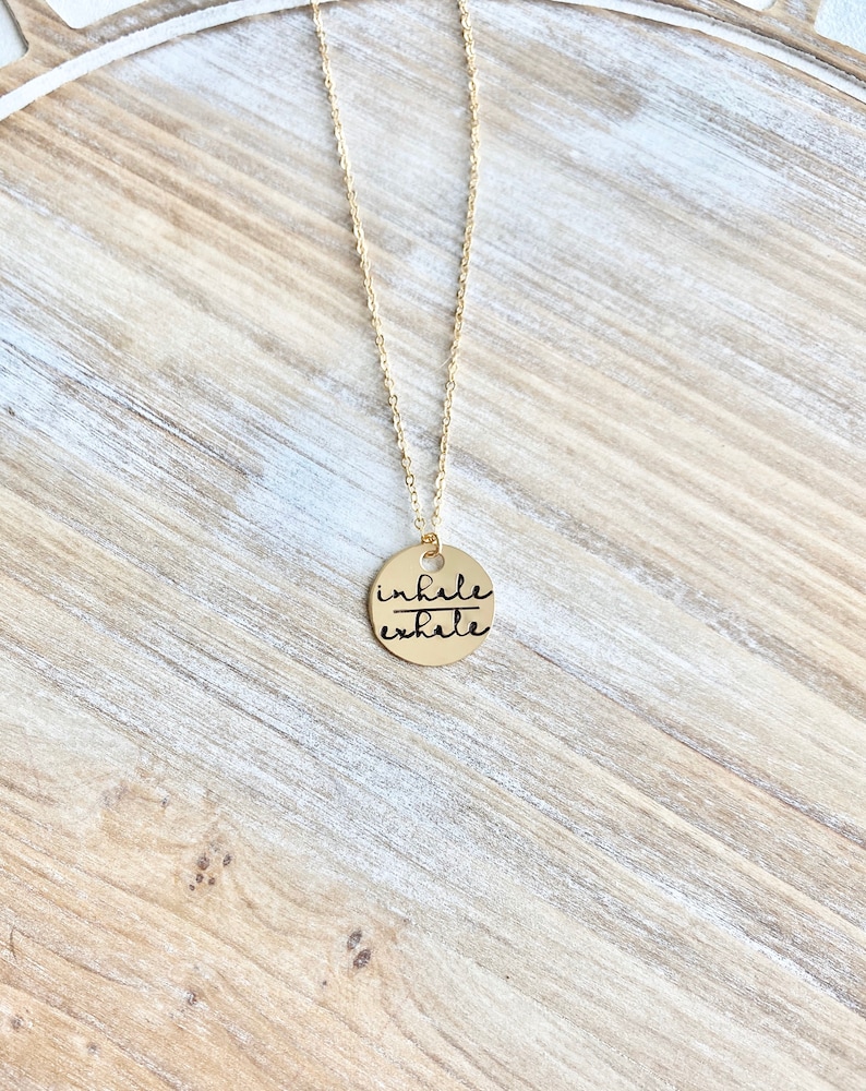 Gold Handstamped Necklace Gold Mom Necklace inhale exhale Necklace Gift for Mom Gold filled Jewelry Gold Name Jewelry 14K Gold image 4