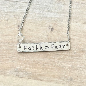 Mantra Jewelry,Faith Over Fear Necklace, Bar Necklace,Faith&gt;Fear Jewelry, Engraved Necklace, Christian Jewelry, Engraved Bar, Quote Necklace