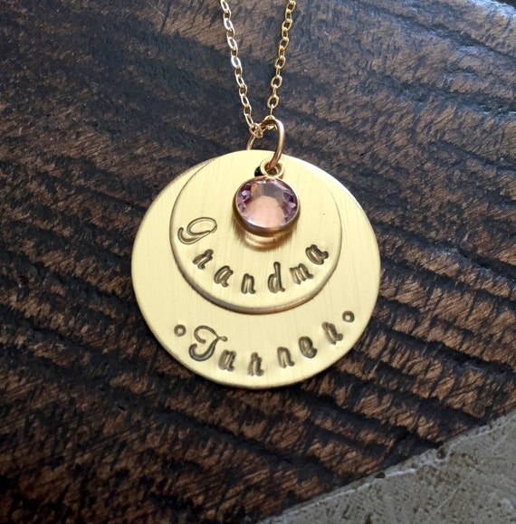 Grandma Necklace Handstamped Necklace Gold Necklace Gold Layered Necklace Birthstone Necklace Mothers Day Jewelry Gift for Mom Il_570xn