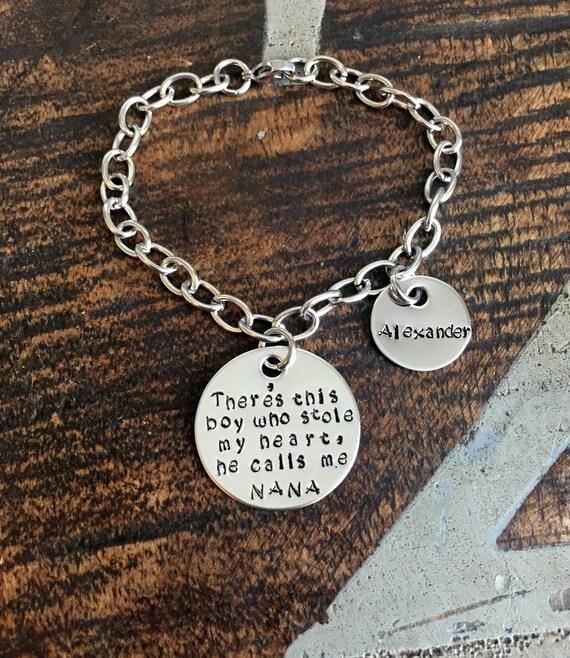 Nana Bracelet Theres this boy who stole my heart Handstamped Bracelet Personalize Jewelry Mothers Day Gift Grandma Jewelry Custom Bracelet Il_570xn