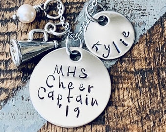 Cheerleader Necklace Varsity Cheerleader Handstamped Cheerleading Necklace Gift for Cheerleader Megaphone Necklace Custom Necklace