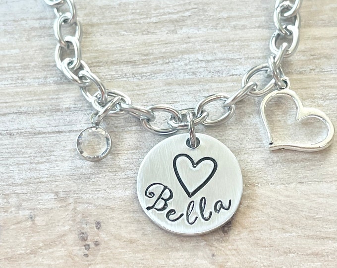 Girls Charm Bracelet Handstamped Bracelet Heart Bracelet Personalized Bracelet Charm Bracelet Bracelet for Girl Birthstone Jewelry Birthday