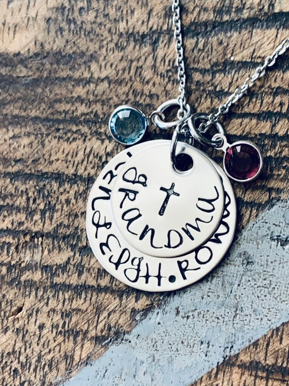 Grandma Necklace Cross Necklace Grandchild Necklace Personalized Necklace Personalized Jewelry Handstamped Necklace Birthstone Necklace Il_570xn