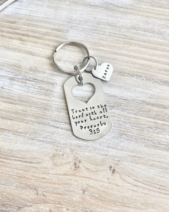 Proverbs 3:5 Keychain Trust in the Lord With all your Heart Christian Keychain Heart Cutout Keychain Handstamped Keychain Christening Gift Il_570xn