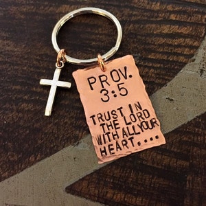 Proverbs 3:5 Keychain Trust in the Lord With all your Heart Christian Keychain Copper Keychain Handstamped Keychain Christening Gift image 3