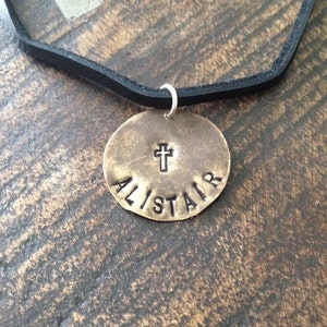 Boys Handstamped Necklace Boys Cross Necklace Boys Leather Necklace Personalized Necklace Gift for Son Birthday Gift Easter Gift Boys Name