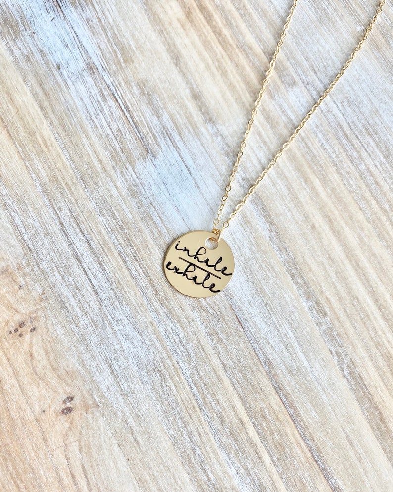 Gold Handstamped Necklace Gold Mom Necklace inhale exhale Necklace Gift for Mom Gold filled Jewelry Gold Name Jewelry 14K Gold image 5