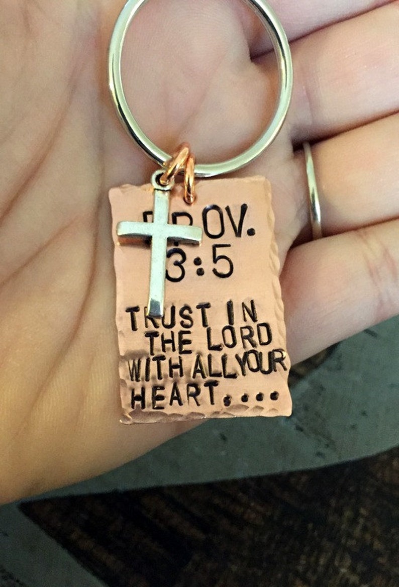 Proverbs 3:5 Keychain Trust in the Lord With all your Heart Christian Keychain Copper Keychain Handstamped Keychain Christening Gift image 5