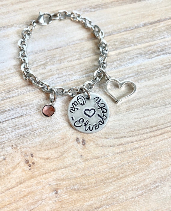 Girls Charm Bracelet Handstamped Bracelet Heart Bracelet Personalized Bracelet Charm Bracelet Bracelet for Girl Birthstone Jewelry Birthday Il_570xn