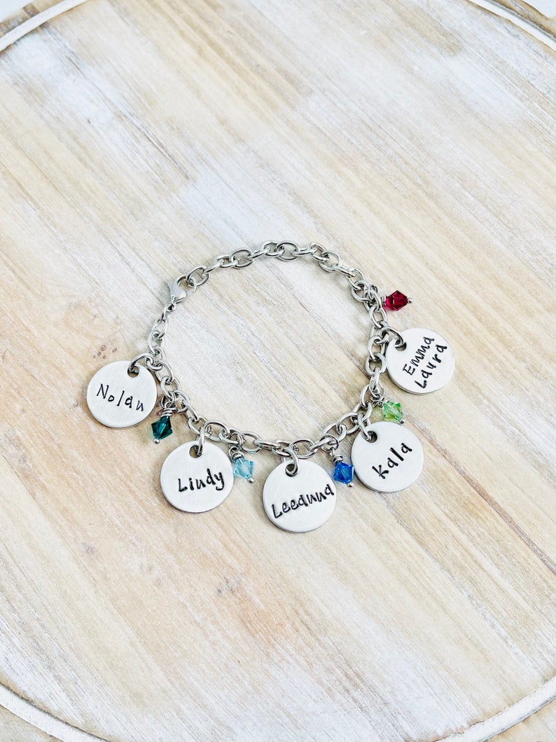 Personalized Charm Bracelet Grandma Bracelet Grandchild Bracelet Handstamped Jewelry Birthstone Jewelry Mom Charm Bracelet Grandma Gift
