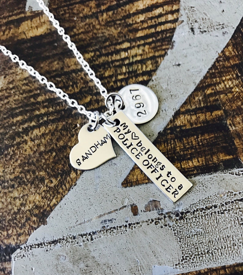 My Heart Belongs to a Police Officer Wife Necklace Police Officer Wife Necklace Handstamped Jewelry Custom Necklace Heart necklace image 1