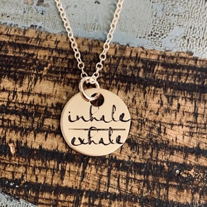 Gold Handstamped Necklace Gold Mom Necklace inhale exhale Necklace Gift for Mom Gold filled Jewelry Gold Name Jewelry 14K Gold image 3