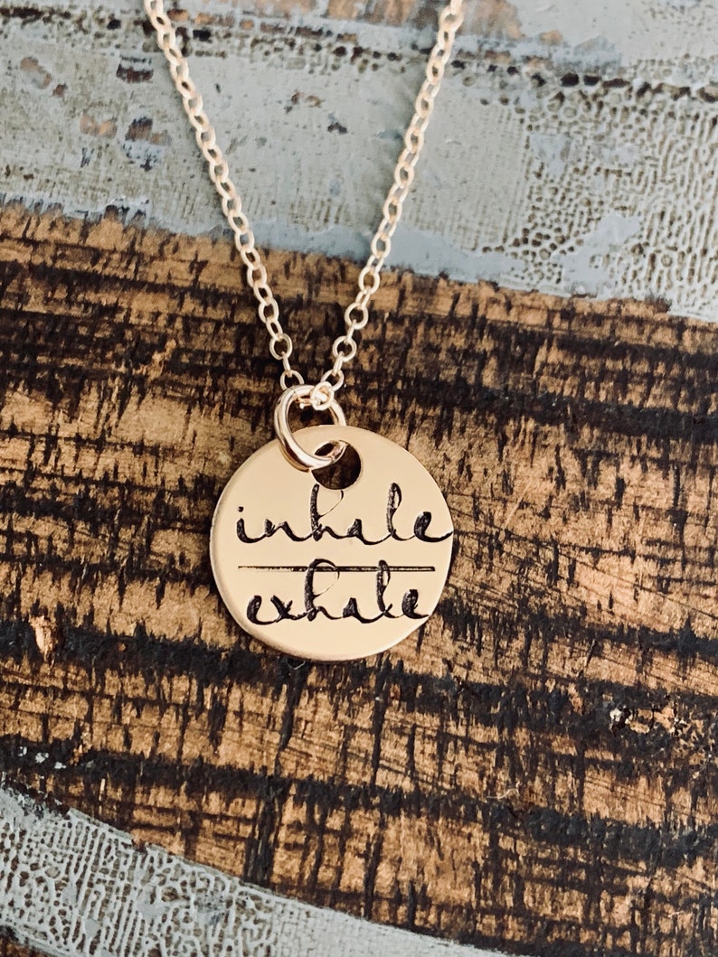 Gold Handstamped Necklace Gold Mom Necklace inhale exhale Necklace Gift for Mom Gold filled Jewelry Gold Name Jewelry 14K Gold image 3