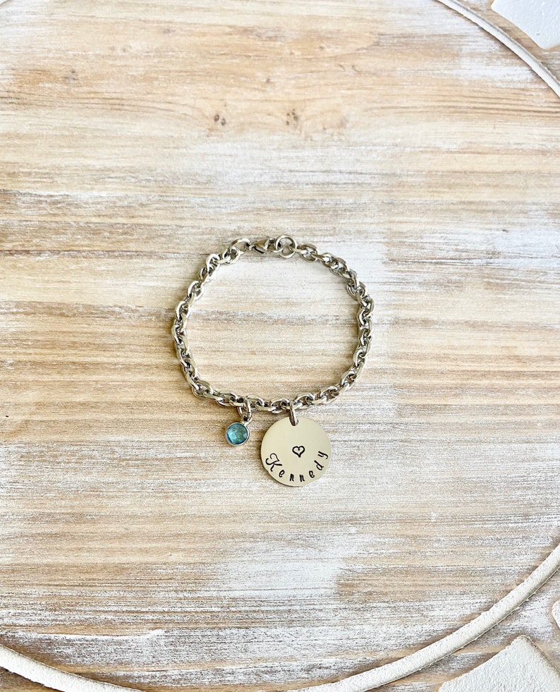 Girls Charm Bracelet Handstamped Bracelet Heart Bracelet Personalized Bracelet Charm Bracelet Bracelet for Girl Birthstone Jewelry Birthday image 3