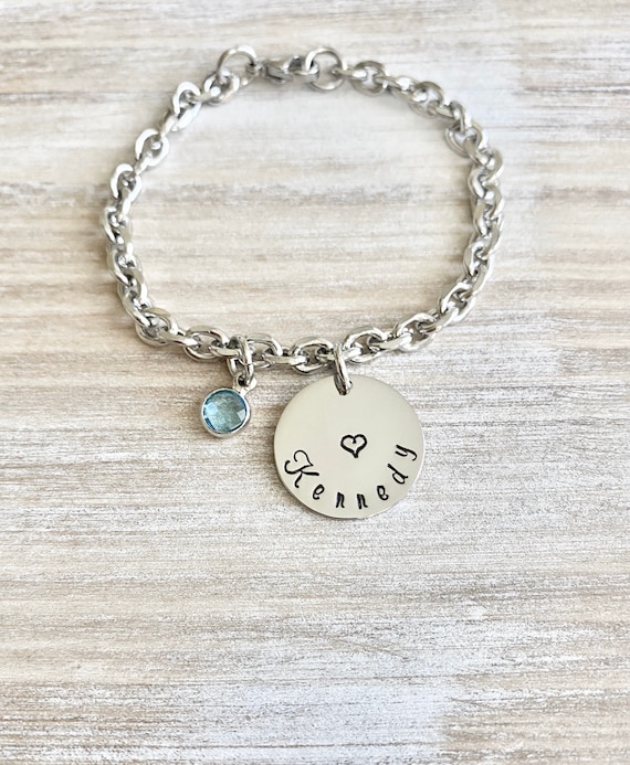Girls Charm Bracelet Handstamped Bracelet Heart Bracelet Personalized Bracelet Charm Bracelet Bracelet for Girl Birthstone Jewelry Birthday Il_570xn