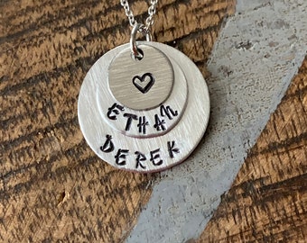 Mom Necklace Handstamped Necklace Heart Necklace Silver Layered Necklace Name Necklace Mothers Day Jewelry Gift for Mom Handstamped Jewelry