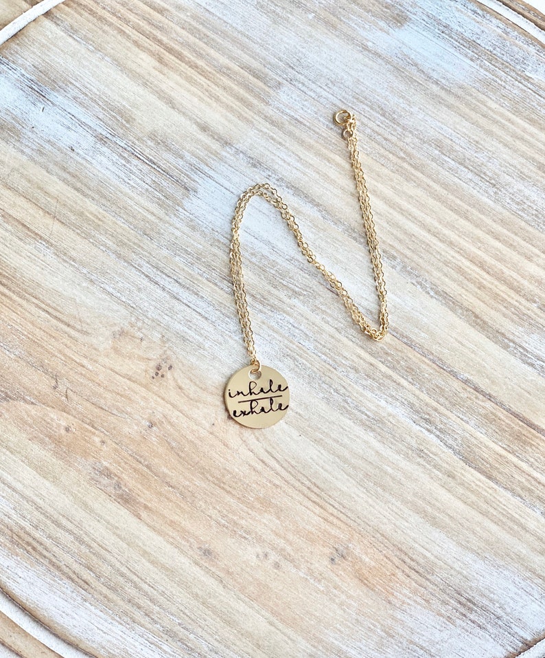Gold Handstamped Necklace Gold Mom Necklace inhale exhale Necklace Gift for Mom Gold filled Jewelry Gold Name Jewelry 14K Gold image 2