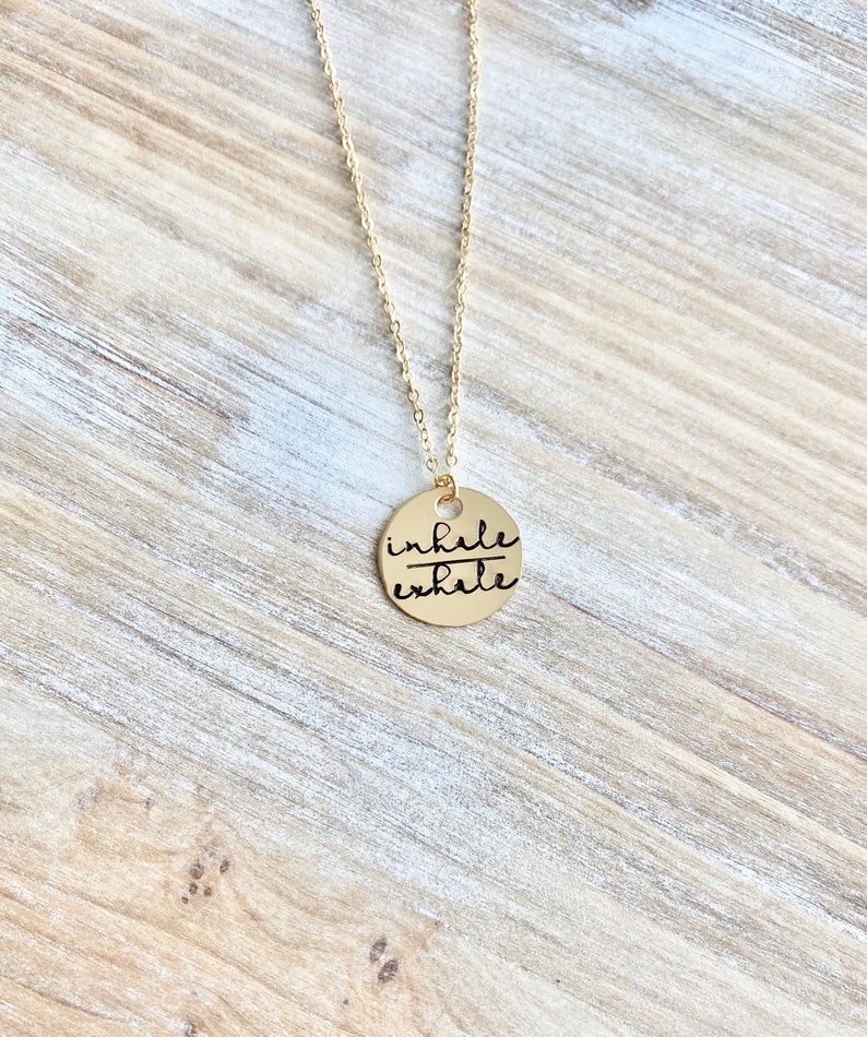 Gold Handstamped Necklace Gold Mom Necklace inhale exhale Necklace Gift for Mom Gold filled Jewelry Gold Name Jewelry 14K Gold image 6