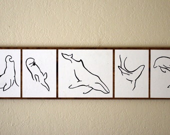 Minimalist Animal Art -Original Drawings on Wood - Marine Mammals Theme - Elephant Seal, Sea Otter, Humpback Whale, Sea Lion, Dolphin