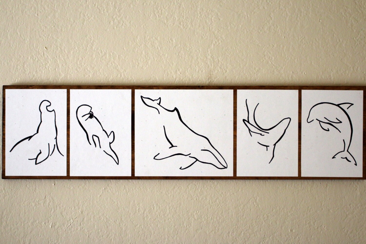 Minimalist Animal Art original Drawings on Wood Marine Mammals Theme