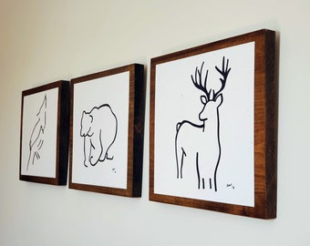 Minimalist Animal Art -Original Drawing on Wood - Jay, Bear, Deer