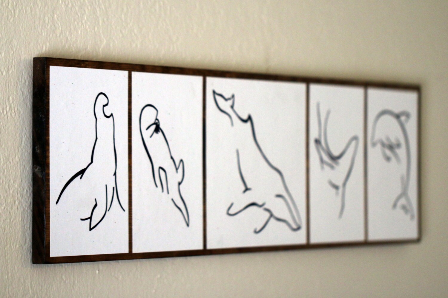 Minimalist Animal Art original Drawings on Wood Marine Mammals Theme