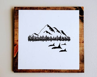 PNW mountains and orcas - Minimalis Art -Original Drawings on Wood