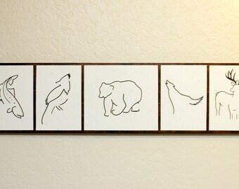 Minimalist Animal Art -Original Drawings on Wood - Cascades theme: troat, jay, bear, coyote, deer