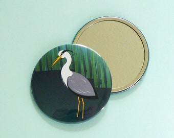 Grey Heron pocket mirror, Bird makeup mirror