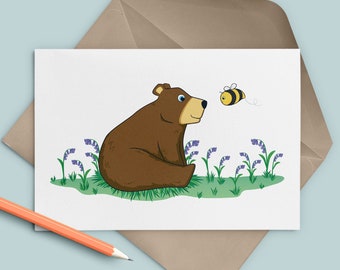 Bear, bee and bluebells card, Birthday card for nature lover, Gift for gardener