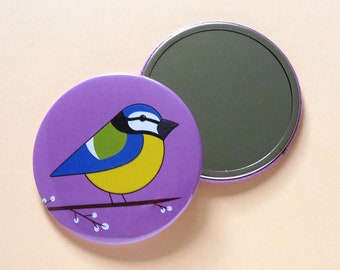 Blue tit garden bird pocket mirror, Self care gift for her