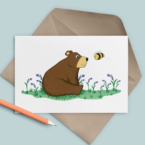 Bear, bee and bluebells card, Birthday card for nature lover, Gift for gardener image 1