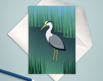 Grey heron greetings card, Woodland birthday card for her, Thinking of you gift