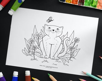 Cat printable colouring page, Cute kitten and butterfly digital download coloring poster