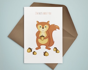 I'm Nuts About You anniversary card, Squirrel birthday card, Valentine's Day card for him